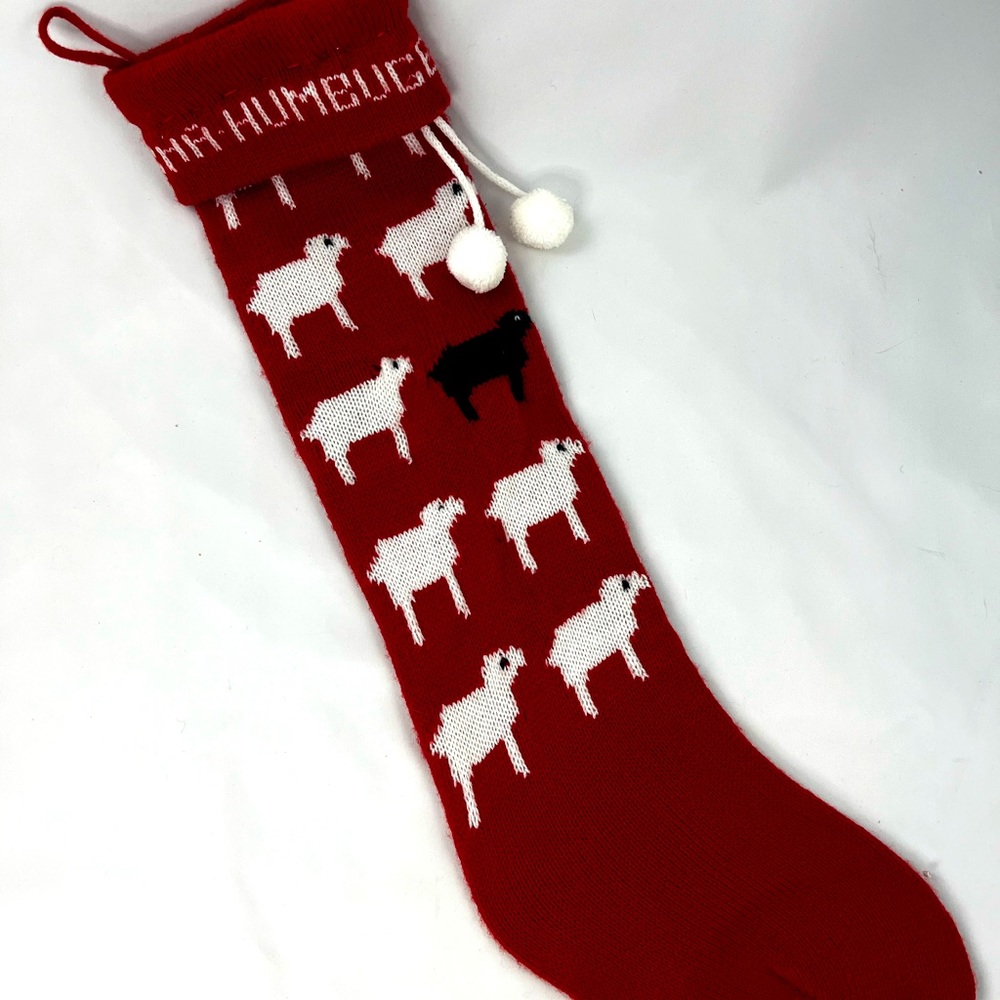 Baa-Humbug Christmas Holiday Black Sheep Lamb Red Knit Stocking 22”